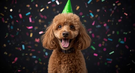 Naklejka premium Cheerful poodle in a green birthday hat surrounded by scattered confetti on dark background