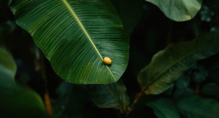 Fototapeta premium Detailed tropical garden scene showing small banana leaf and tiny banana with copy space