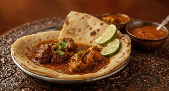 Kerala parathas with tender beef curry and spicy chicken curry sauce