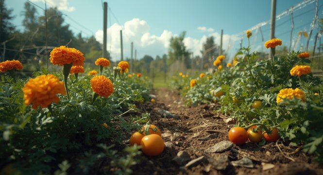 Full view of a home garden allotment featuring lively marigolds and organic vegetable crops