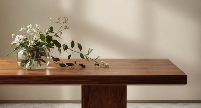 Contemporary hardwood rectangular table decorated with a water filled glass vase centerpiece