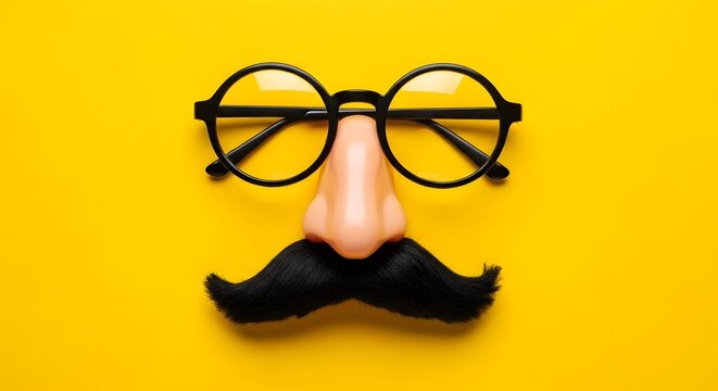 April fools' day prank with glasses and fake mustache on yellow background