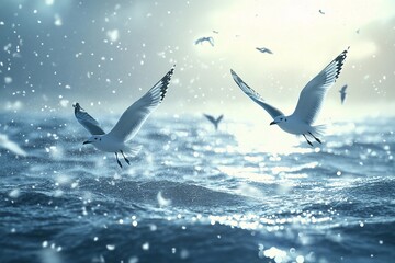 Seagulls flying over cold misty ocean with snow