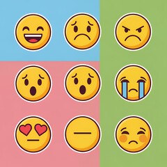 Fototapeta premium Flat vector icons of emotional emojis simplified: smiley face sad face angry face surprised face crying face love heart eyes neutral face blushing cheeks heart eyes emoji love icon cartoon emotion hea