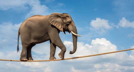Obraz premium Fantastical illustration of an elephant carefully stepping on a rope with sky backdrop