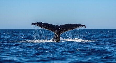 Humpback whale tail rising on a vibrant sunny marine day