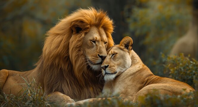 Asiatic lion couple in a soft embrace symbolizing love