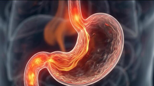 Stomach with gastric acid inside in medical visualization. Concept of digestion and acid reflux.
