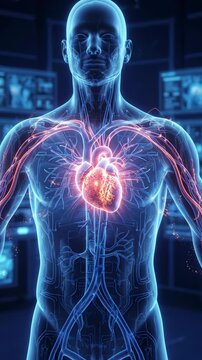 Human torso shows heart and vascular system in medical visualization. Concept of cardiology and heart health. Vertical video