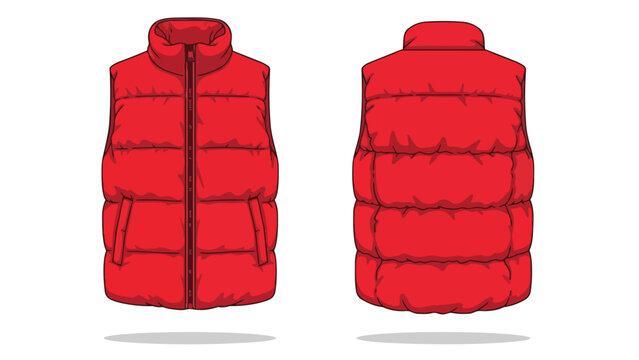 Strikingly vibrant red quilted sleeveless jacket template showcasing both front and back views for versatile design mockups and apparel