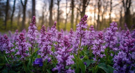 Fototapeta premium Fairytale forest backdrop featuring lush lilac flowers in spring