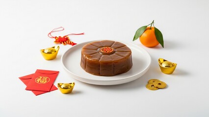Chinese New Year food still life featuring traditional sticky rice cake (nian gao or kue keranjang) served on a white ceramic plate. Clean white background with elegant festive Lunar New Year.