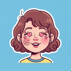 Young woman smiling with closed eyes feeling happy and comfortable with a heart shaped pimple patch on her cheek heart eyes emoji love icon cartoon emotion heart emoticon illustration smile face happy