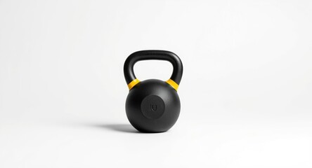 Black kettlebell decorated with bright yellow markings on simple white backdrop for copy space