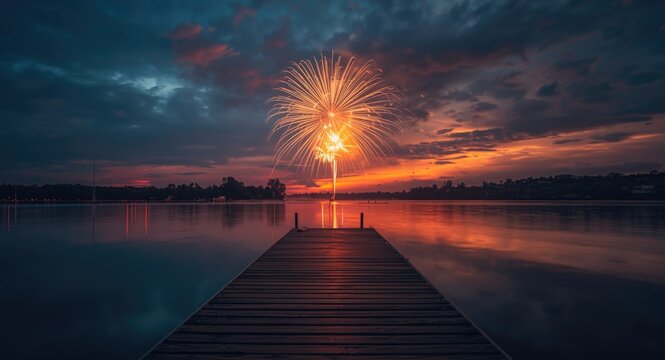 Fireworks burst over tranquil lake with dock seating positioned for sunset