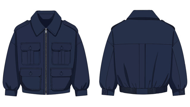 Navy blue utility bomber jacket flat technical drawing, front and back views with pockets and collar
