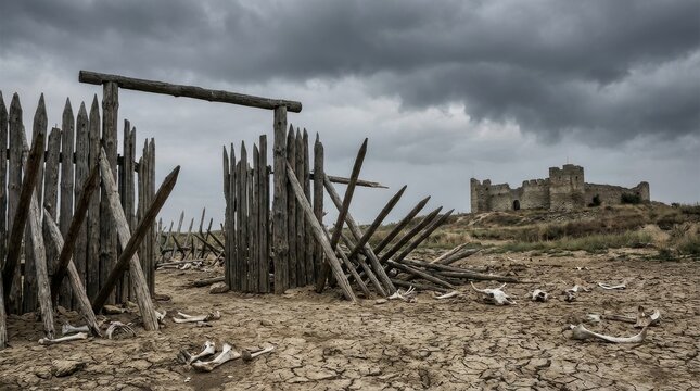 Broken Wooden Palisade Fortification With Scattered Bones Under Stormy Sky