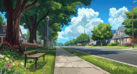 Obraz premium Cartoon image of a suburban street with a wooden bench and green summer landscape beneath blue skies
