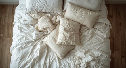 Obraz premium Birds eye shot of an untidy bed with a crumpled white comforter and relaxed atmosphere