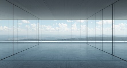 Clear empty room with panoramic view through floor to ceiling transparent glass walls