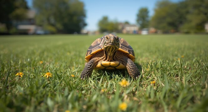 Delighted pet turtle moving gently across a full length green grass lawn on a warm summer day