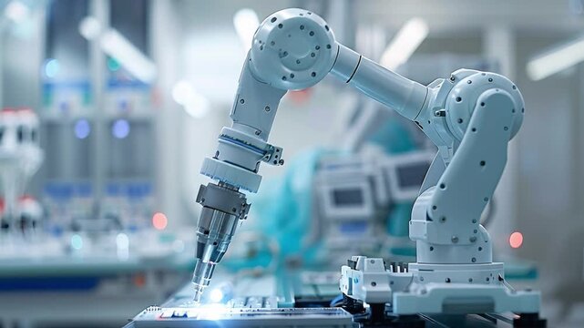 A high-precision robotic system executes intricate assembly operations under controlled lighting within a state-of-the-art laboratory setting. Engineering expertise and detailed focus define the task