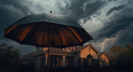 Home with protective umbrella symbolizing insurance coverage for storm and weather damages