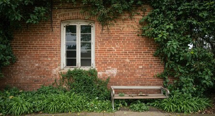 Historic window set in a rustic red brick wall with lush plants and a wooden bench view