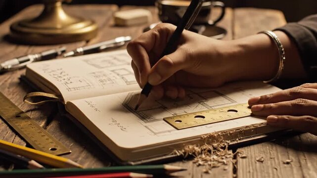 Close-up of a person sketching in a notebook with pen and ruler.
