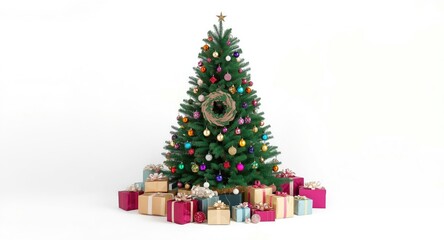 Festive pine tree featuring bright ornaments and gift parcels arranged against a clean white background