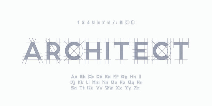Architect alphabet, blueprint geometric letters, construction plan font for engineering logo, drafting project headline, building floor plan typography, CAD typo graphic. Vector typographic design
