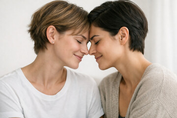Intimate portrait of loving couple touching foreheads, representing emotional connection, trust, and romantic relationship moment in soft natural indoor light.