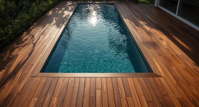Contemporary sunlit swimming pool area with durable Ipe wood decking and copy space