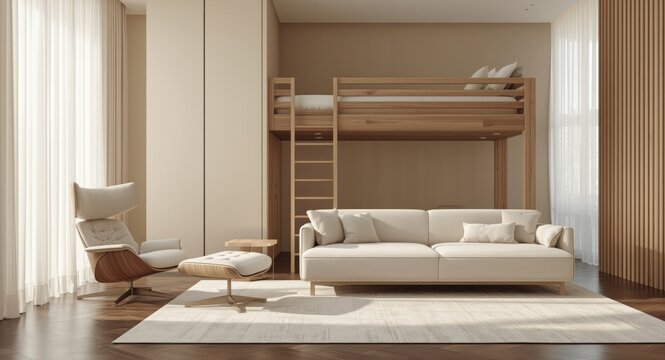 Artistic bedroom interior including an ergonomic armchair sofa and loft bed