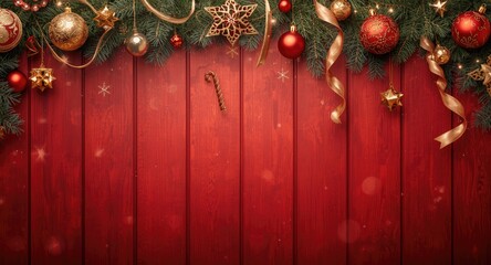 Naklejka premium Festive Christmas border with decorations and garland on red wooden surface and copy space