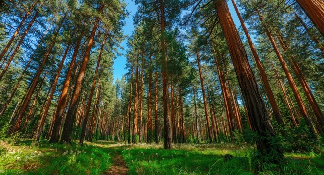Looking up among tall, vibrant pine trees in a peaceful forest
