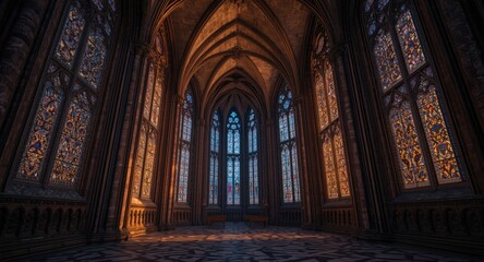 Fototapeta premium Intricate stained glass windows bring electric blue vibrancy to gothic church architecture