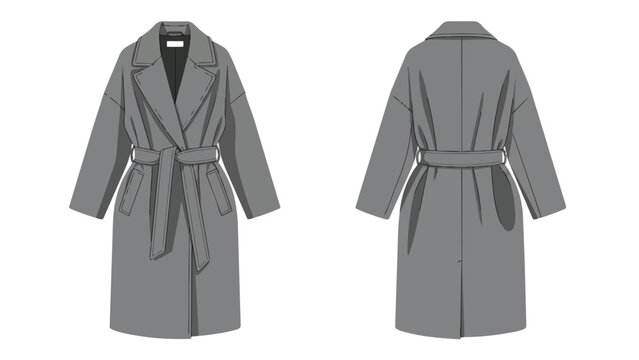 Sophisticated grey longline trench coat technical sketch for fashion design development purposes elegant outerwear garment
