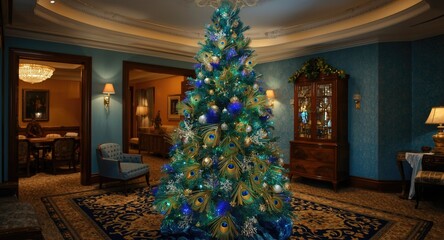 Naklejka premium Festive glowing Christmas tree adorned with peacock feather decorations in a cozy living room with a blue accent wall
