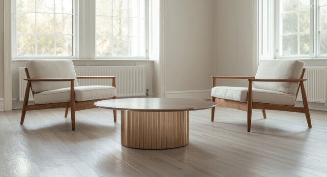 Bright and airy living room with legless round coffee table and armchairs