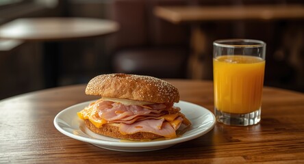 Cafe table layout with ham and cheese sandwich and orange juice for banner design