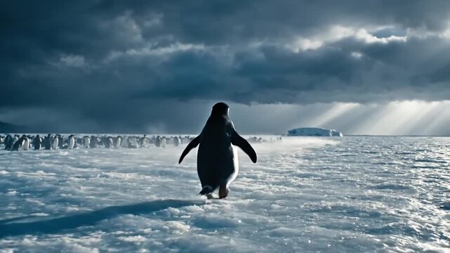 A lone penguin walking on a snowy landscape with a cloudy sky and sun rays in the background, conveying a sense of solitude and coldness.