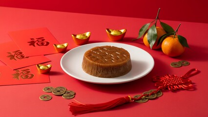 Chinese New Year food still life featuring traditional sticky rice cake (nian gao or kue keranjang) served on a white ceramic plate. Red background with elegant festive Lunar New Year.