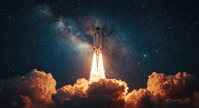 Dynamic 3D rocket lifting off into a rich starry galaxy scene