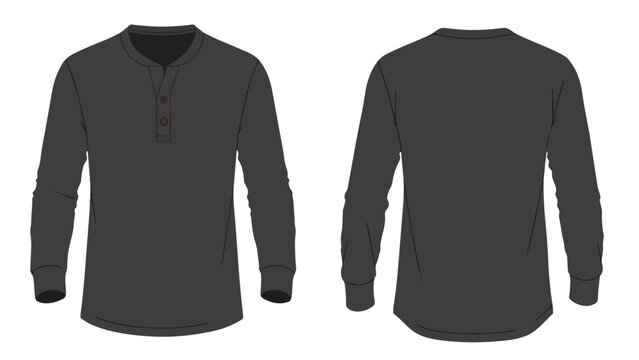 Charcoal long-sleeve henley shirt vector template front and back views.