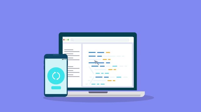 Laptop displaying programming interface with smartphone sync icon, representing mobile synchronization feature development and digital technology workflow.
