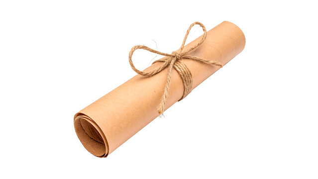 rolled brown kraft paper scroll tied with jute twine isolated on transparent background	