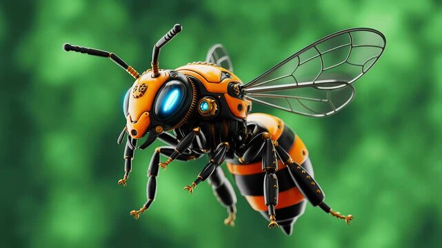 Futuristic robotic bee with orange and black stripes flying