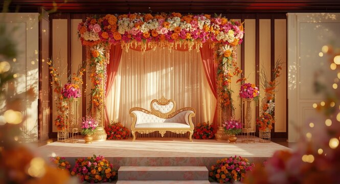 Festively decorated Indian wedding stage filled with flowers and copy space