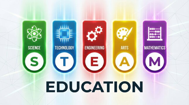 STEAM education concept illustration with science technology engineering arts and mathematics icons,colorful modern learning banner promoting creativity innovation and knowledge